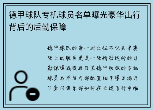 德甲球队专机球员名单曝光豪华出行背后的后勤保障